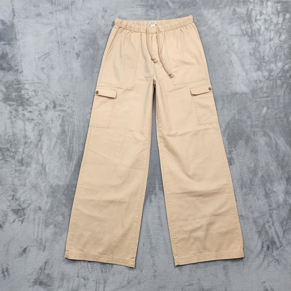 NEW Roxy Pants Womens XS Beige Twill Cargo Wide Leg Cotton Khaki Drawstring